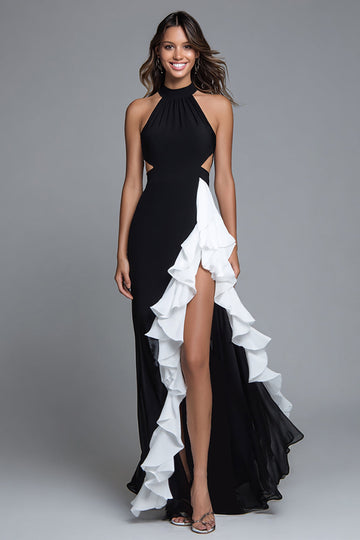 Noir et blanc Robe longue formelle découpée en ligne avec volants